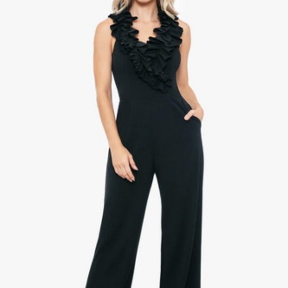 Xscape Black Ruffle Neck Scuba Crepe Jumpsuit - Picture 1 of 6